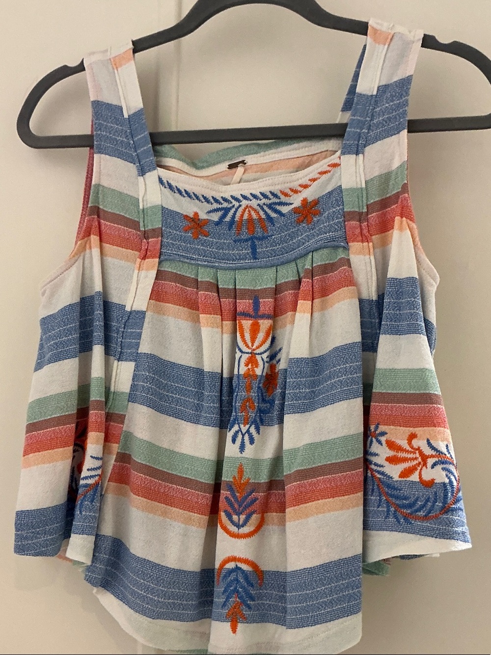 Free People Striped Embroidered Tank Top - Blue, Green & Coral